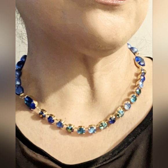Dark Blue Metallic AB Crystal & Blue Baroque Pearl Statement Necklace - Picture 8 of 9